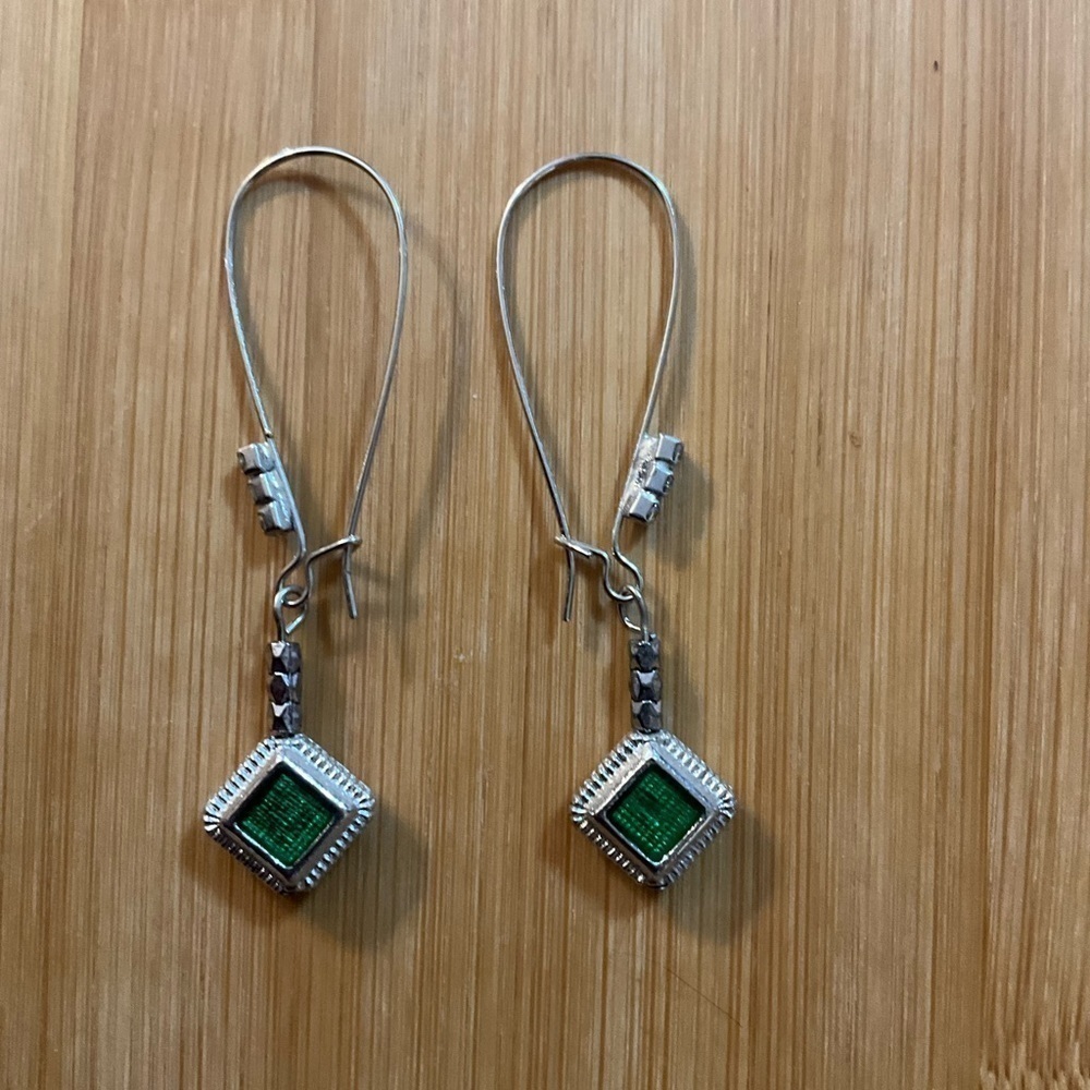 Hand Crafted Earrings Green Enamel Charm on Fish Hook with Rhinestones - Picture 2 of 6